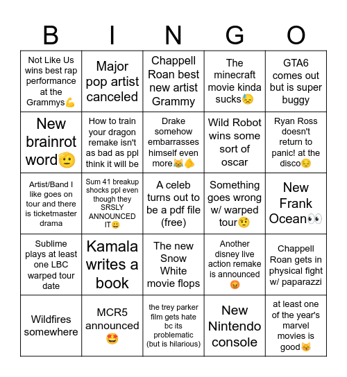 2025 bingo card😼 Bingo Card