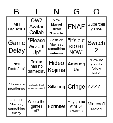 Game Awards 2024 Bingo Card