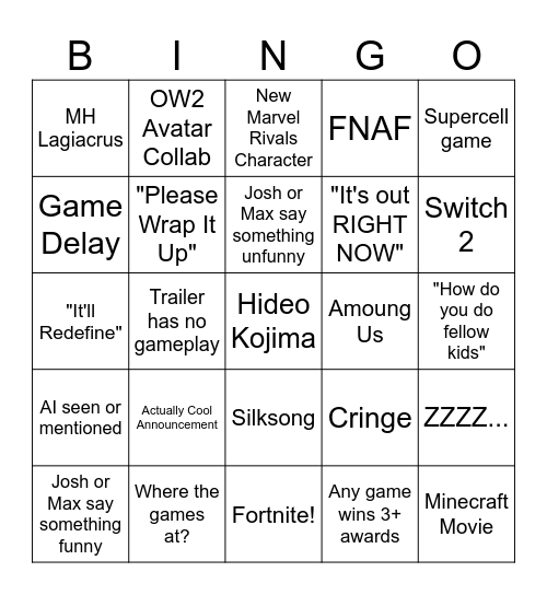 Game Awards 2024 Bingo Card