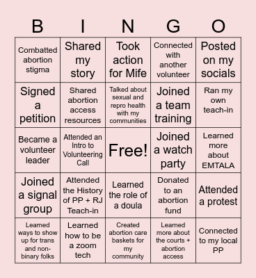 PPFA National Volunteer Program Bingo Card