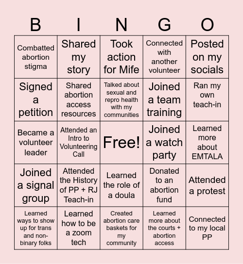 PPFA National Volunteer Program Bingo Card