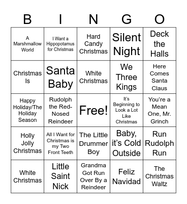 Christmas Song Bingo Card