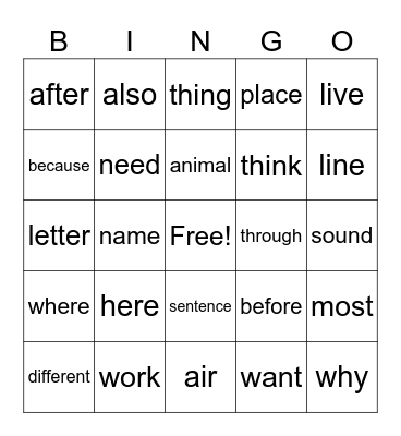 Instant Word List #2 Bingo Card