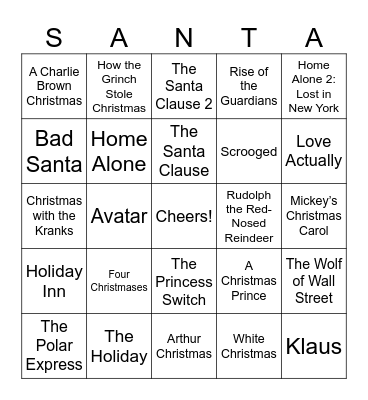 Holiday Movies Bingo Card