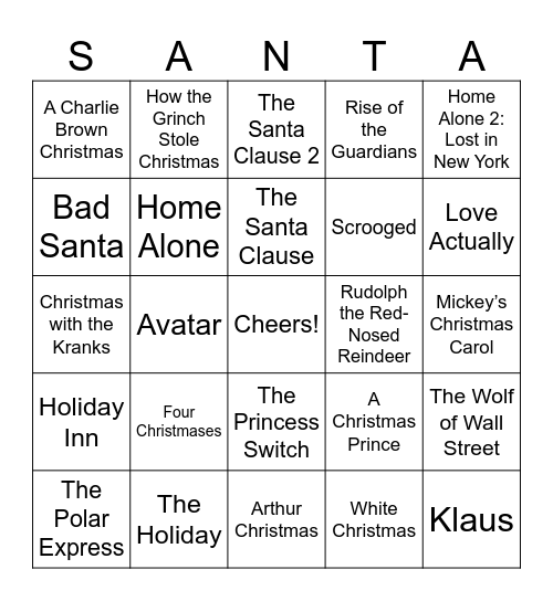 Holiday Movies Bingo Card