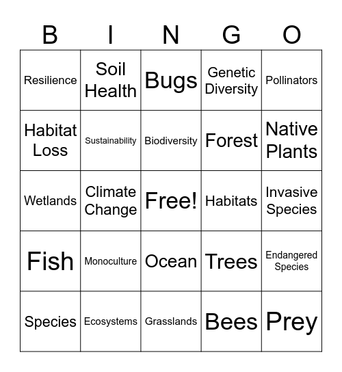 Biodiversity Bingo Card