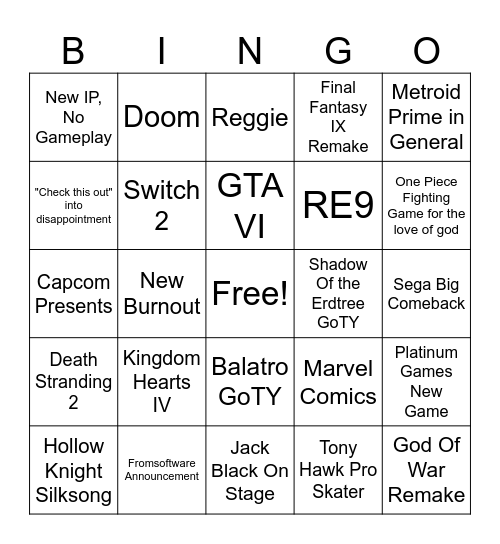 Game Awards 2024 Bingo Card