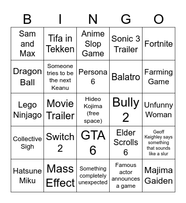 The Game Awards Bingo Card