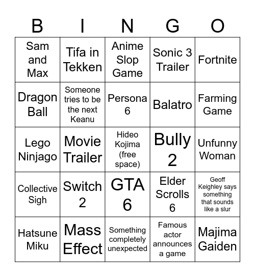 The Game Awards Bingo Card