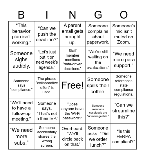 SPED Team Meeting Bingo Card