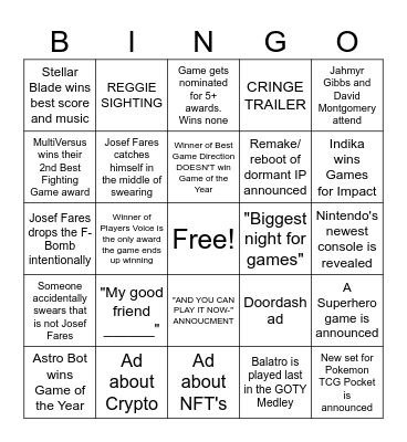 The Game Awards 2024 Bingo Card
