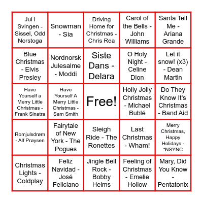 Sanity Christmas Party Music Bingo Extravaganza! Bingo Card