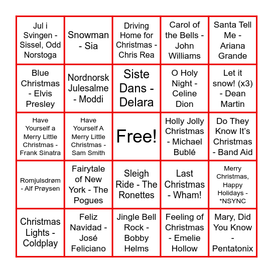 Sanity Christmas Party Music Bingo Extravaganza! Bingo Card