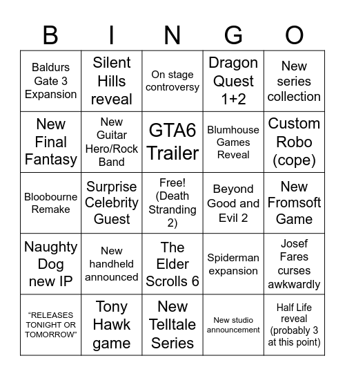 TGA 2024 Bingo Card