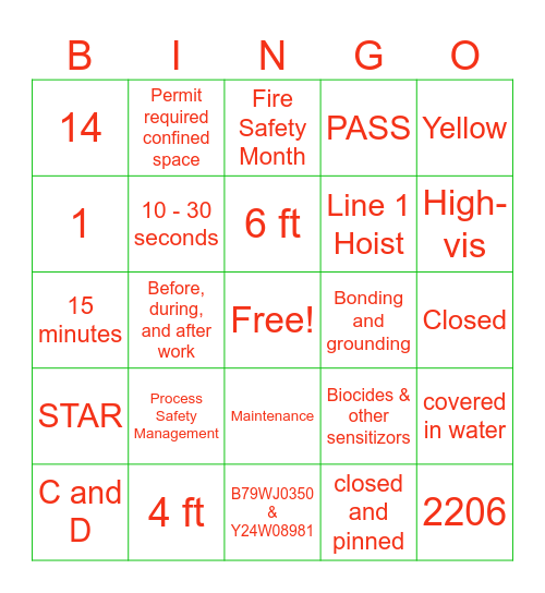 Safety Bingo Card