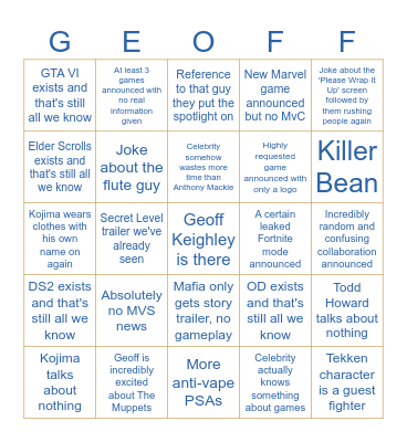 Game Awards Bingo Card