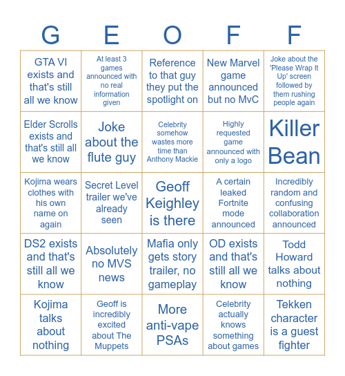 Game Awards Bingo Card