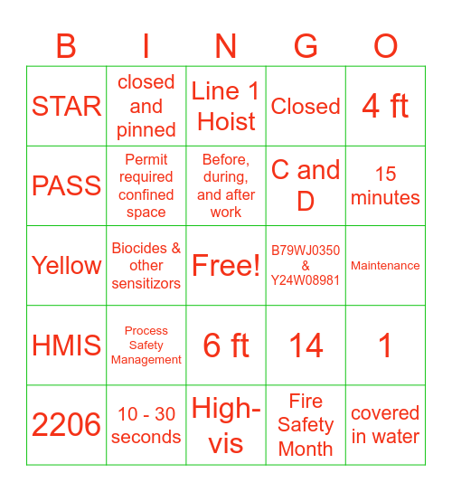 Safety Bingo Card