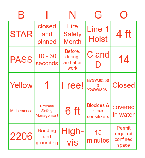 Safety Bingo Card