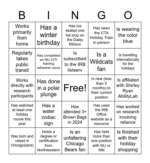NU IRB Community Bingo Card