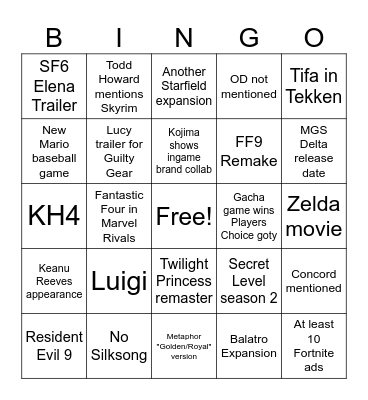 Game Awards 2024 Bingo Card