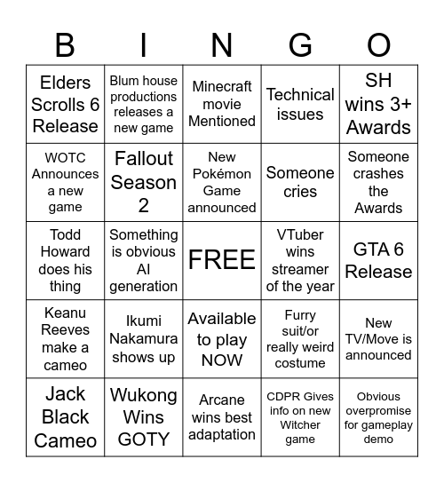 Game Award 2024 Bingo Card