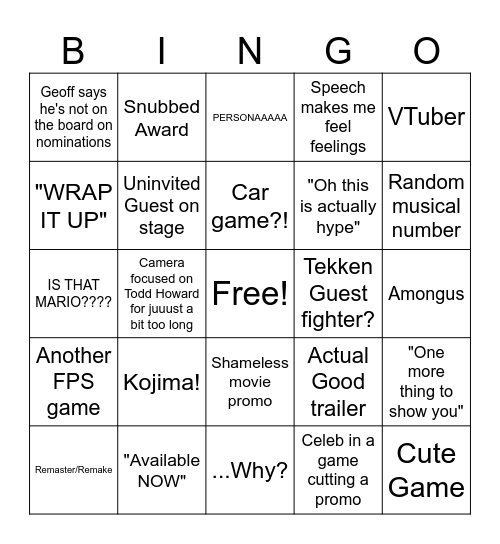 GEOFF'S VIDEO GAME CRIMMUS 2024 Bingo Card