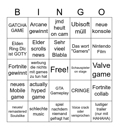 Game awards 2024 Bingo Card