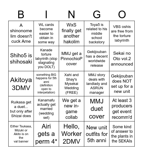 SGB Sekai 2025 Bingo Card