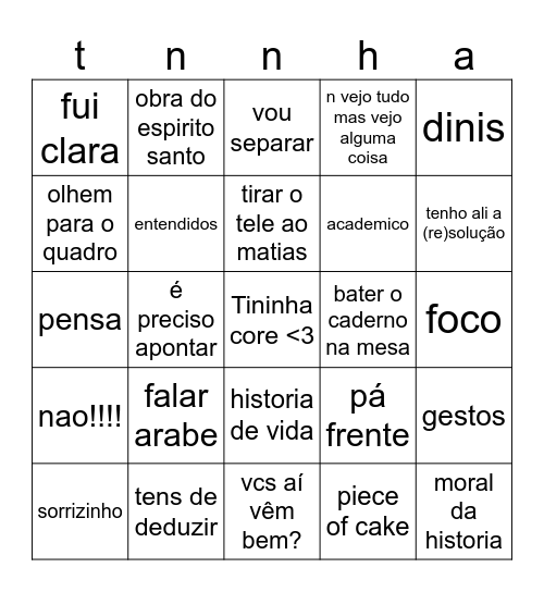 Tininha core Bingo Card