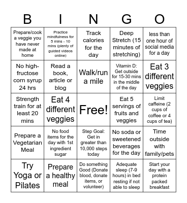 New Year's Wellness Bingo Card