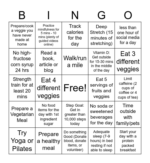 New Year's Wellness Bingo Card