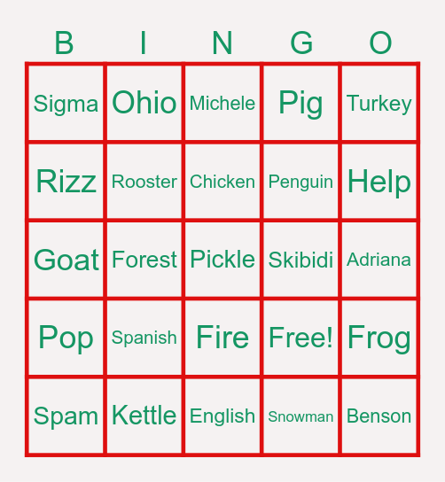 Big Back Bingo Card