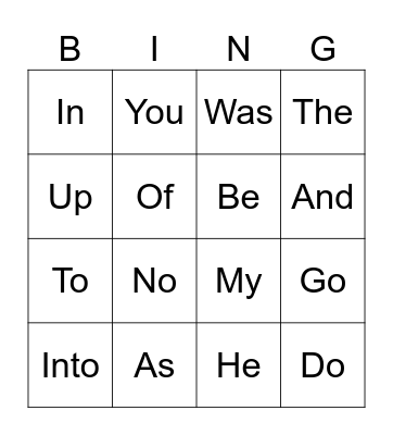 Sight Words Bingo Card