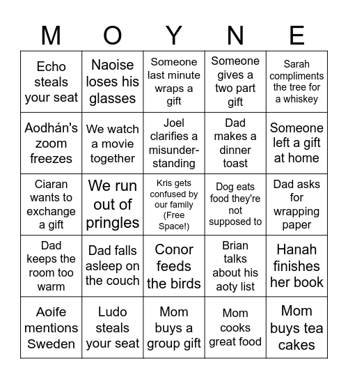 Moyne Christmas Bingo Card