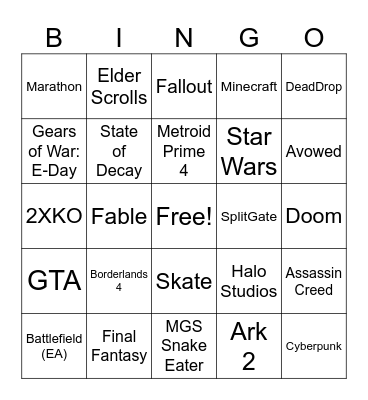 The Games Awards Bingo Card