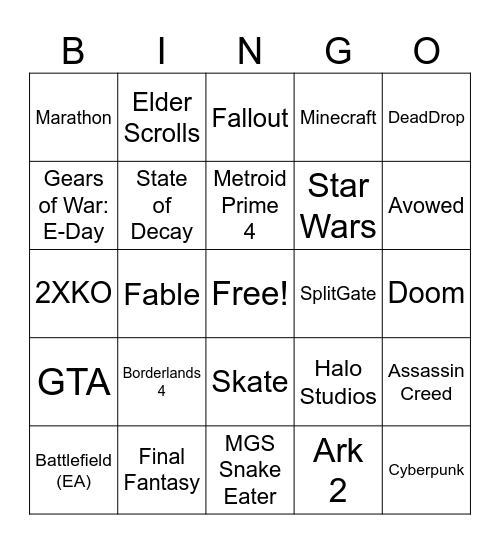 The Games Awards Bingo Card
