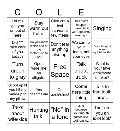 Dr. Cole Bingo Card