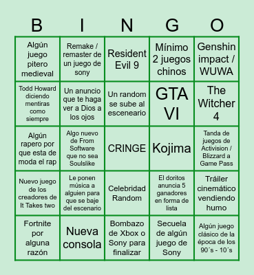 Bingo de los Game Awards Bingo Card