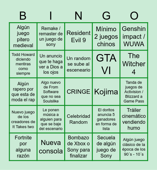 Bingo de los Game Awards Bingo Card