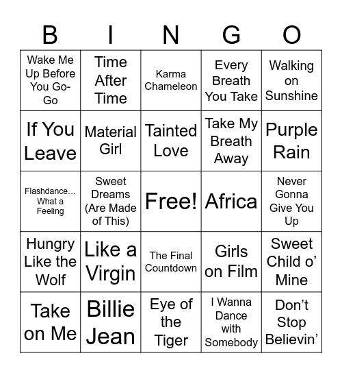 80s Hits Bingo Card