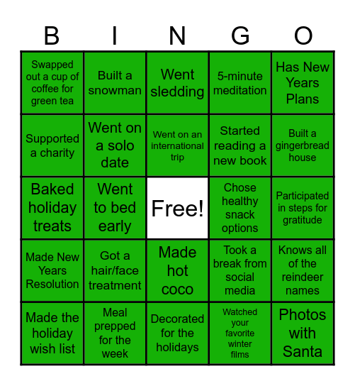 Holiday Wellbeing Bingo! Bingo Card