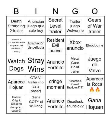 Game Awards Bingo Card