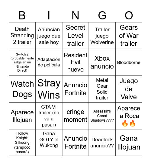 Game Awards Bingo Card