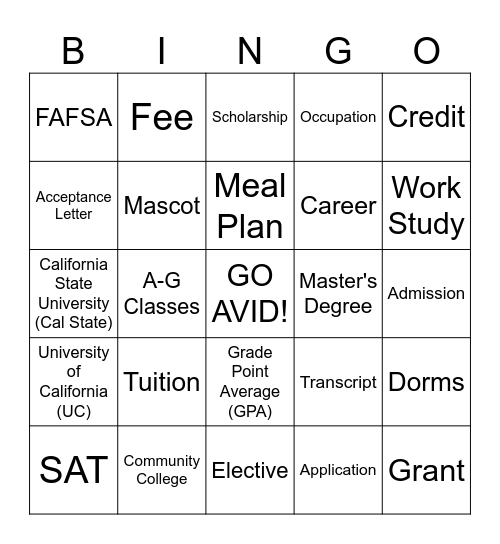 College Readiness Bingo Card