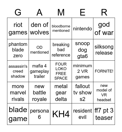 VGA Awards 2024 Bingo Card