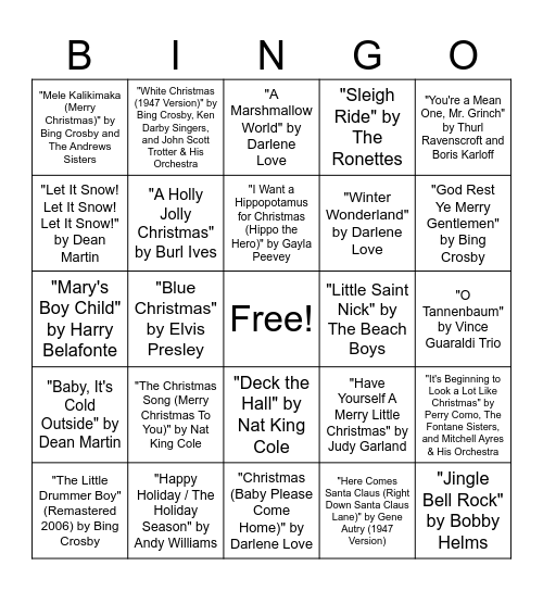 Christmas Hits BINGO Card