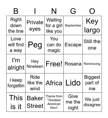 Yacht Rock Bingo Card