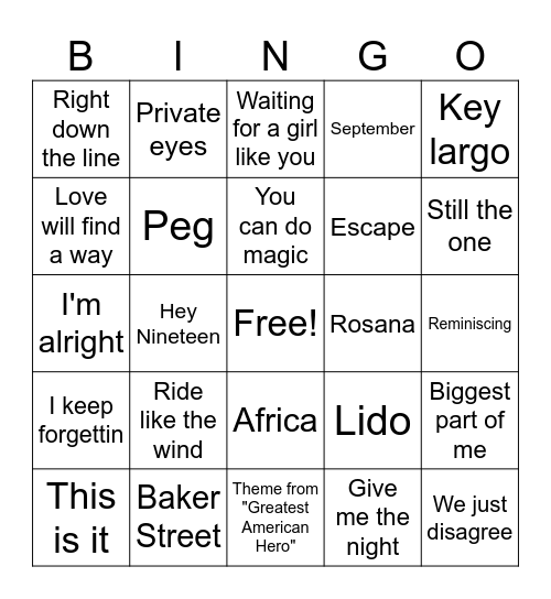 Yacht Rock Bingo Card