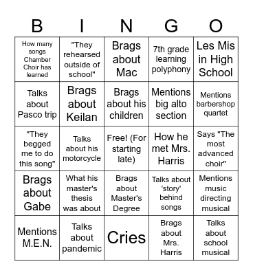 Choir concert bingo Card